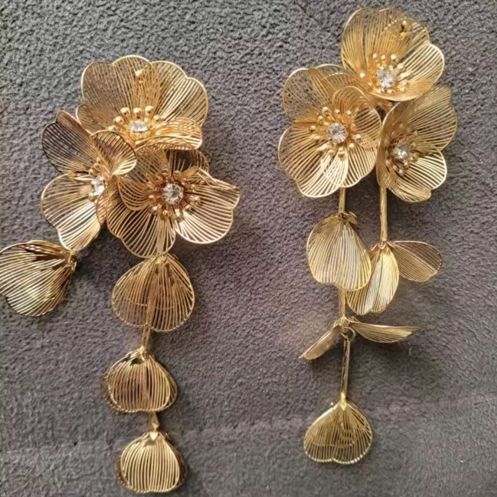 Gold Floral Drop Earrings - Picture 5 of 7